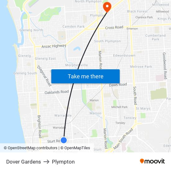 Dover Gardens to Plympton map