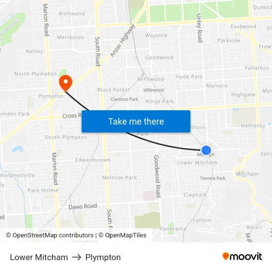 Lower Mitcham to Plympton map