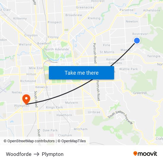 Woodforde to Plympton map