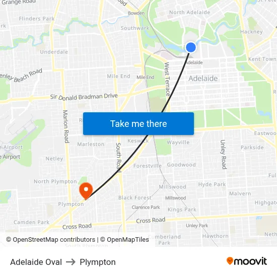 Adelaide Oval to Plympton map