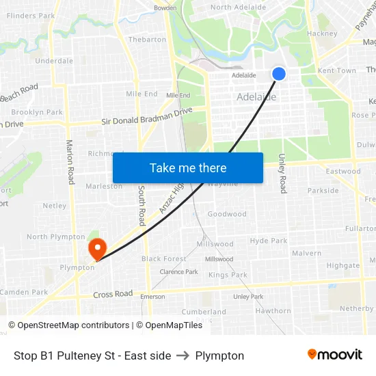 Stop B1 Pulteney St - East side to Plympton map