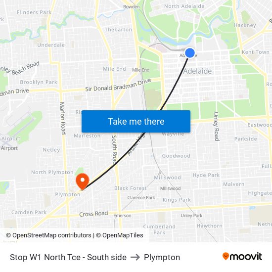 Stop W1 North Tce - South side to Plympton map