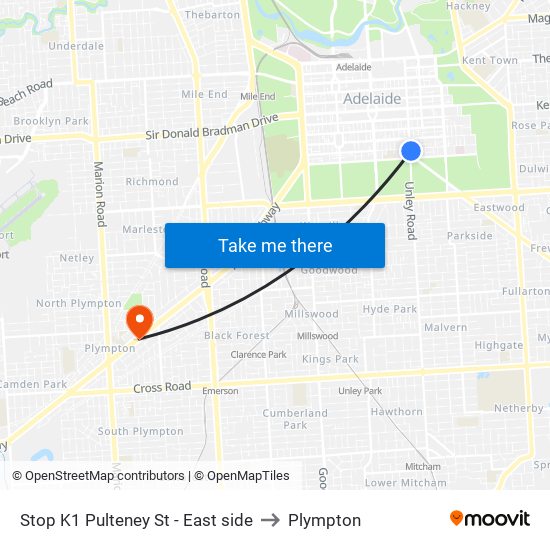 Stop K1 Pulteney St - East side to Plympton map