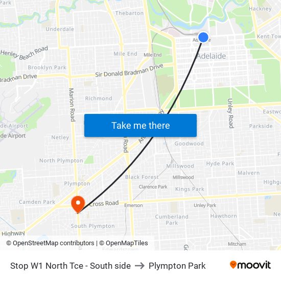 Stop W1 North Tce - South side to Plympton Park map