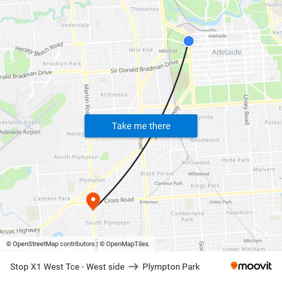 Stop X1 West Tce - West side to Plympton Park map