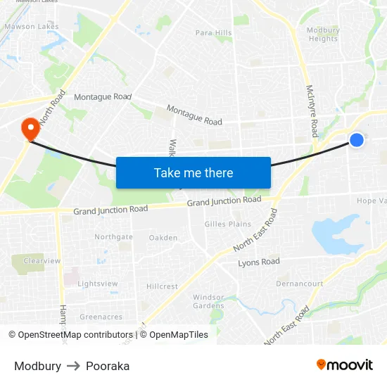 Modbury to Pooraka map