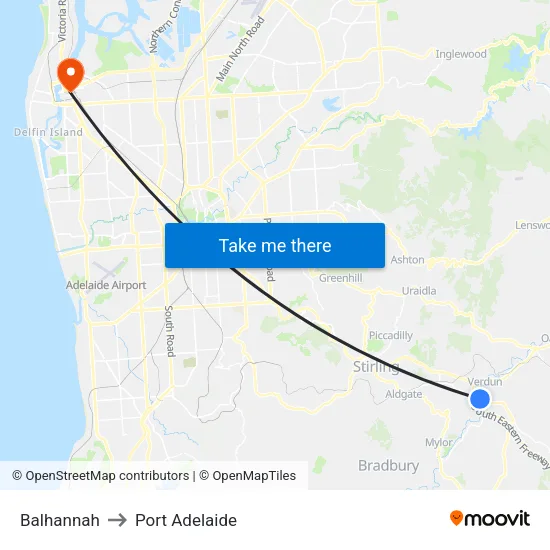 Balhannah to Port Adelaide map