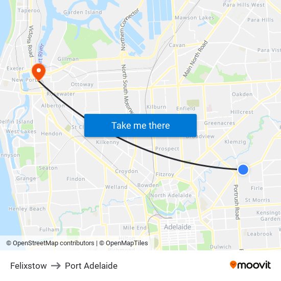 Felixstow to Port Adelaide map