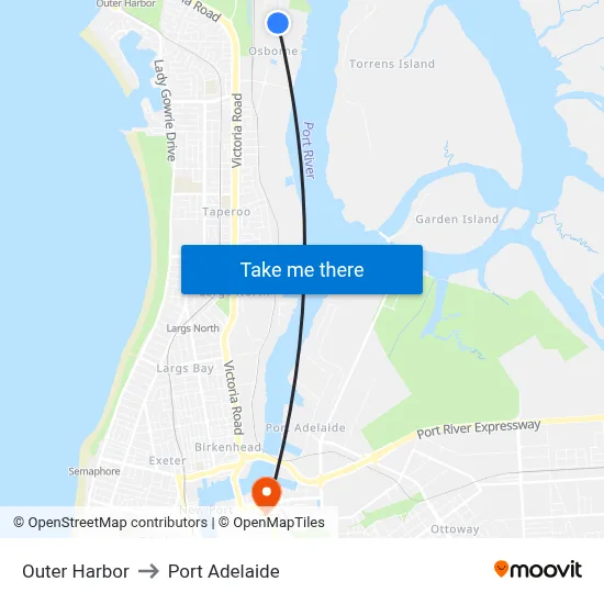 Outer Harbor to Port Adelaide map