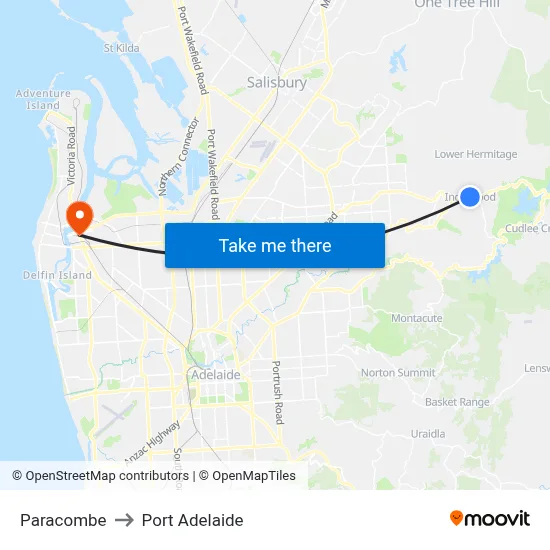 Paracombe to Port Adelaide map