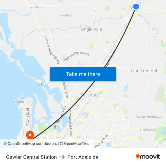 Gawler Central Station to Port Adelaide map