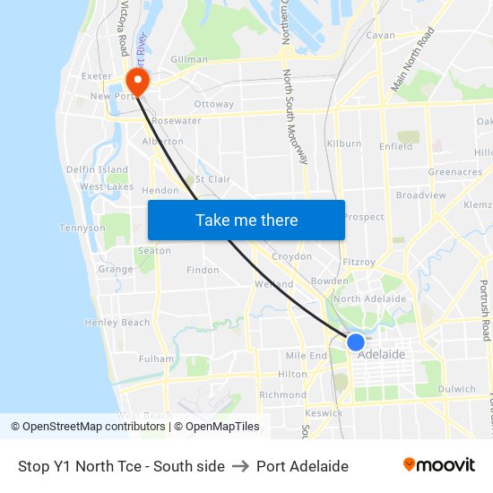 Stop Y1 North Tce - South side to Port Adelaide map