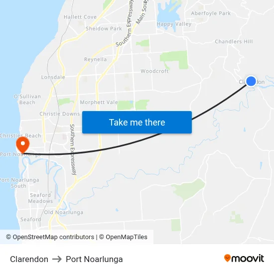 Clarendon to Port Noarlunga map