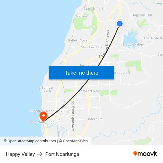 Happy Valley to Port Noarlunga map