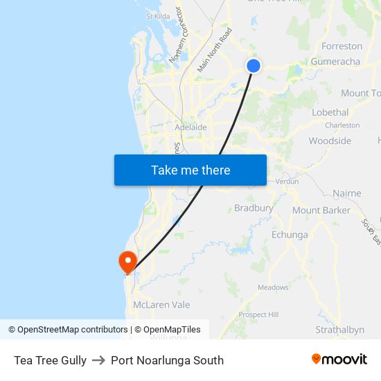 Tea Tree Gully to Port Noarlunga South map