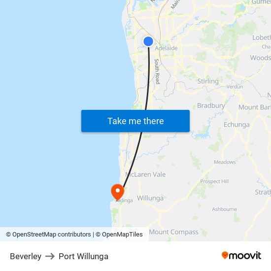 Beverley to Port Willunga map