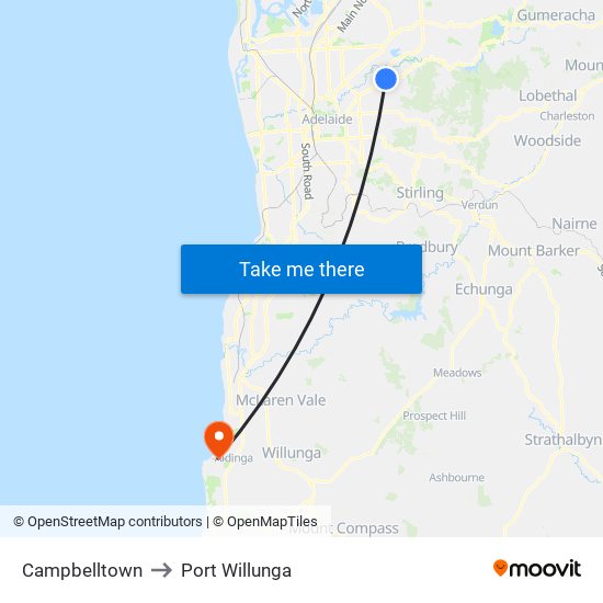 Campbelltown to Port Willunga map