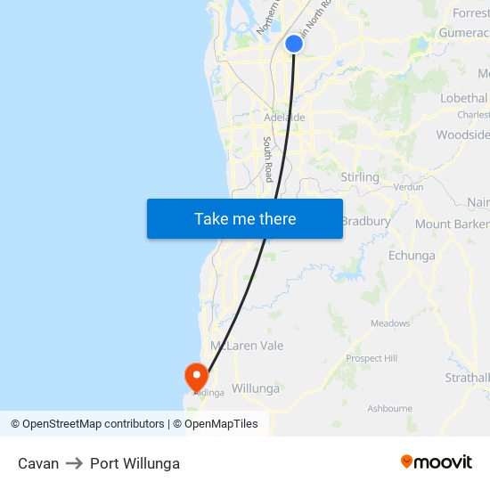 Cavan to Port Willunga map