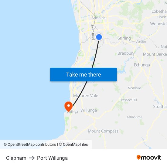 Clapham to Port Willunga map