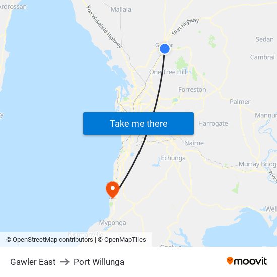 Gawler East to Port Willunga map