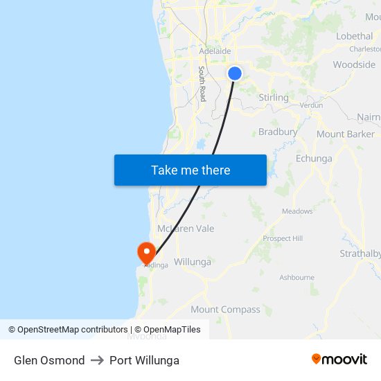 Glen Osmond to Port Willunga map