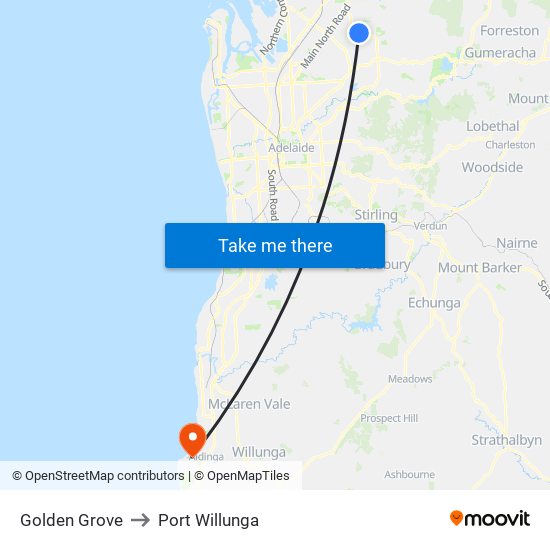 Golden Grove to Port Willunga map