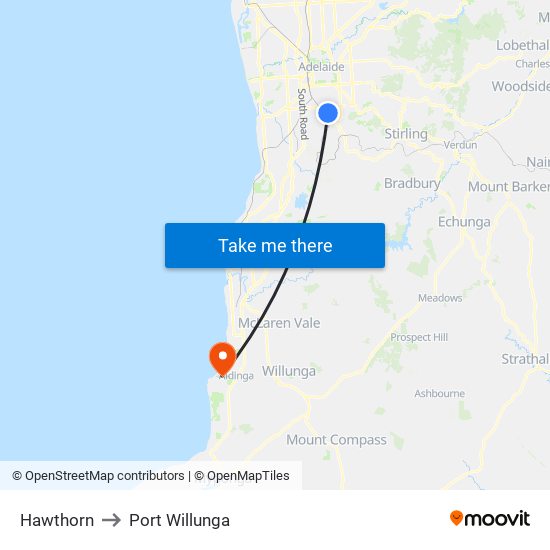 Hawthorn to Port Willunga map