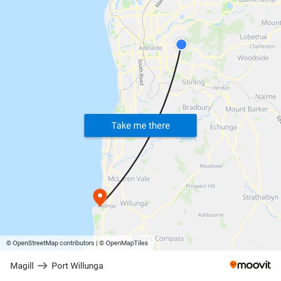 Magill to Port Willunga map