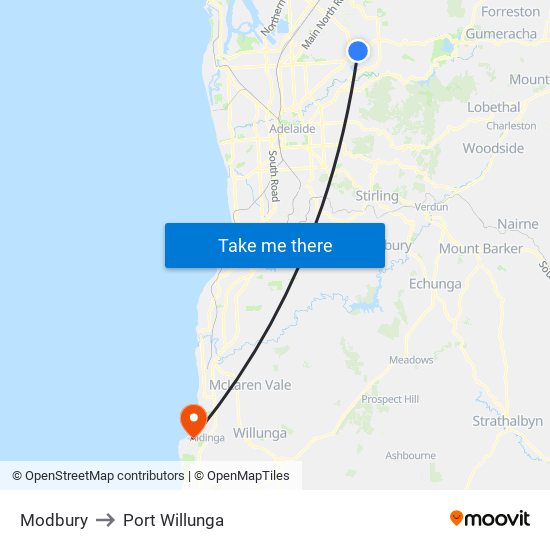 Modbury to Port Willunga map