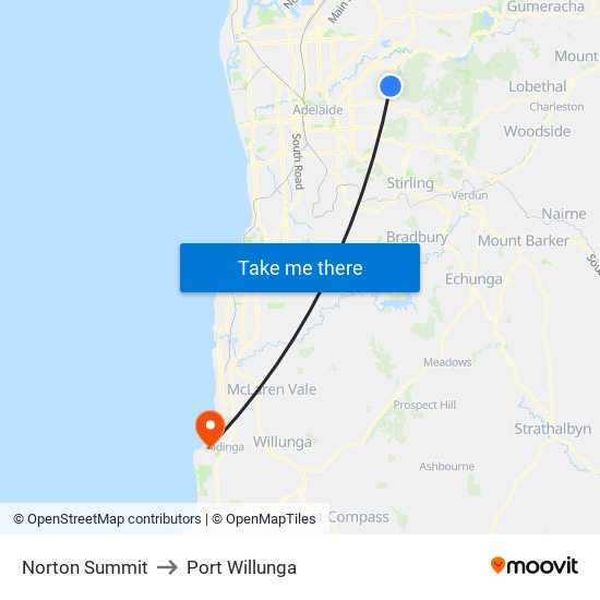 Norton Summit to Port Willunga map