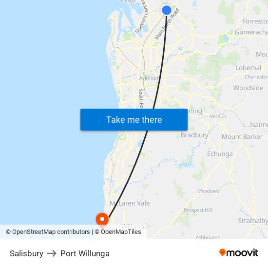 Salisbury to Port Willunga map