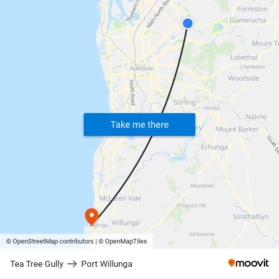 Tea Tree Gully to Port Willunga map