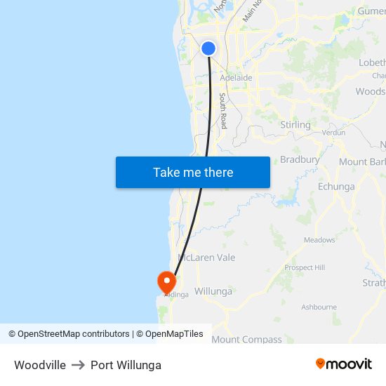 Woodville to Port Willunga map