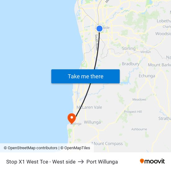 Stop X1 West Tce - West side to Port Willunga map