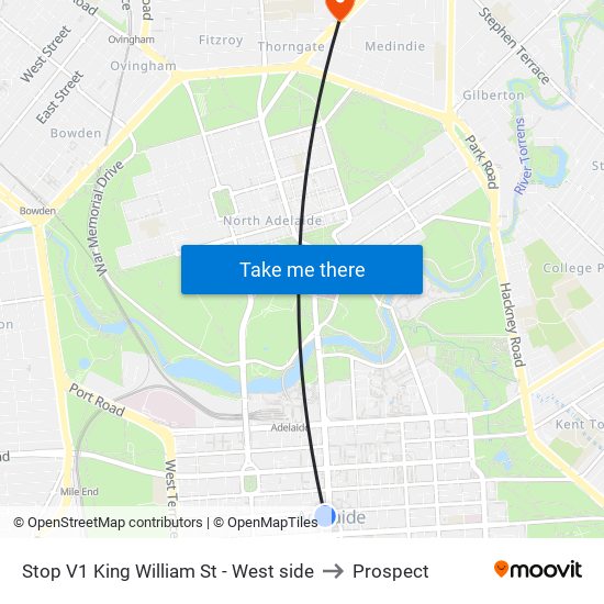 Stop V1 King William St - West side to Prospect map