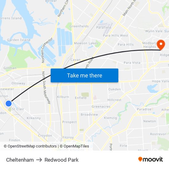 Cheltenham to Redwood Park map