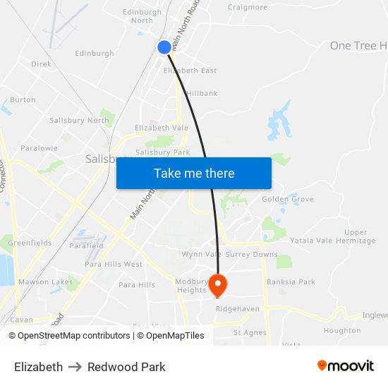 Elizabeth to Redwood Park map