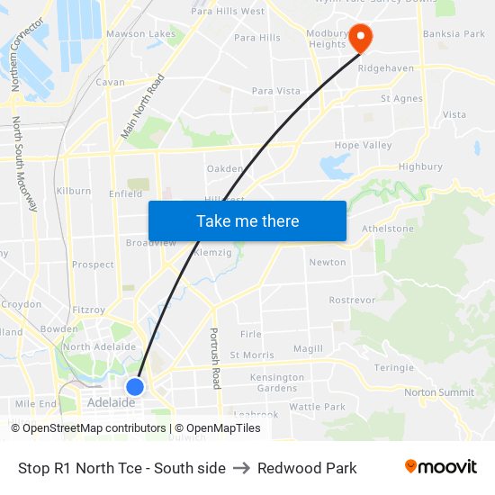 Stop R1 North Tce - South side to Redwood Park map