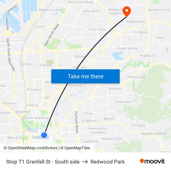 Stop T1 Grenfell St - South side to Redwood Park map
