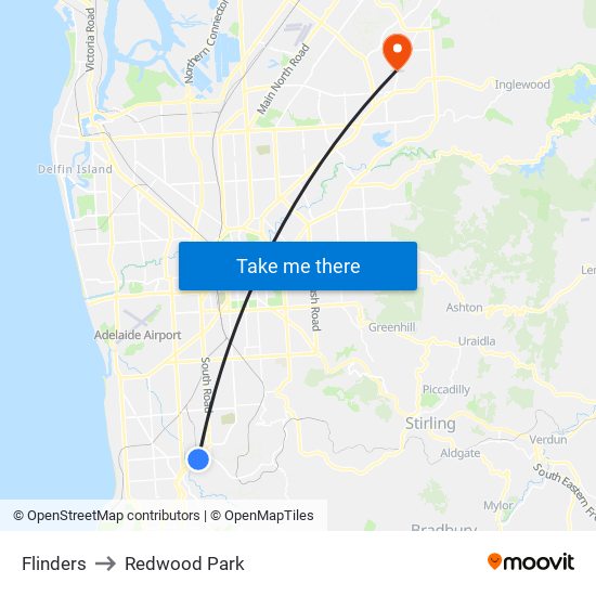 Flinders to Redwood Park map