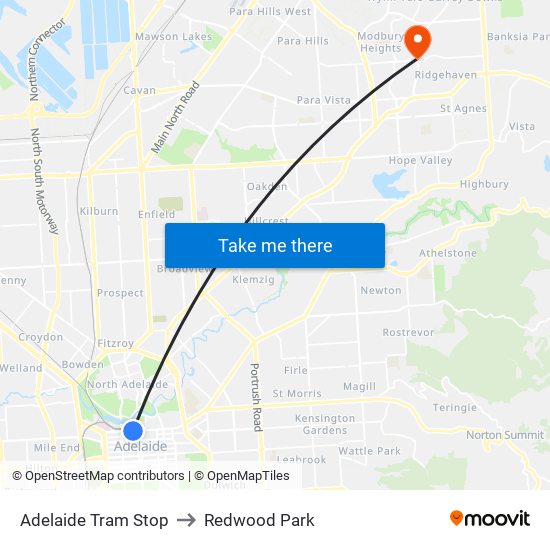 Adelaide Tram Stop to Redwood Park map