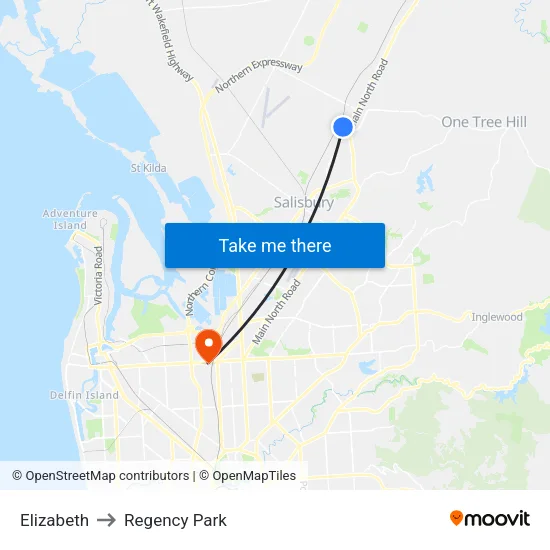 Elizabeth to Regency Park map