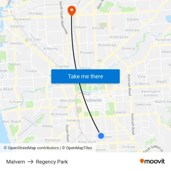 Malvern to Regency Park map