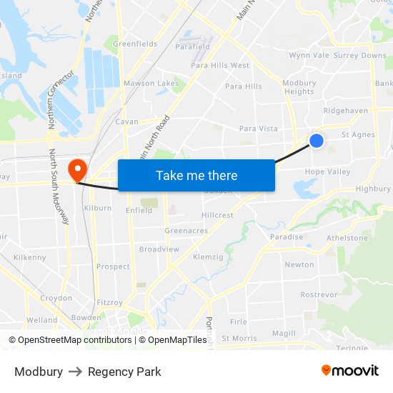 Modbury to Regency Park map