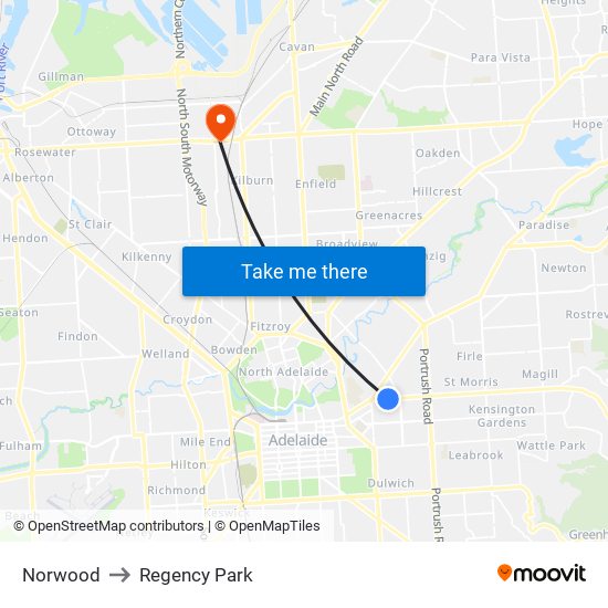 Norwood to Regency Park map