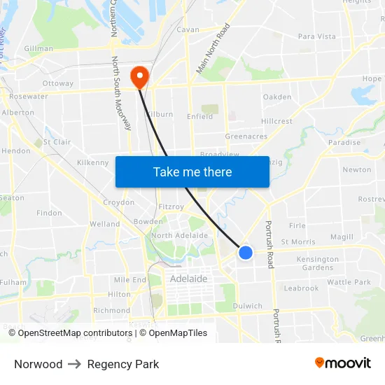 Norwood to Regency Park map