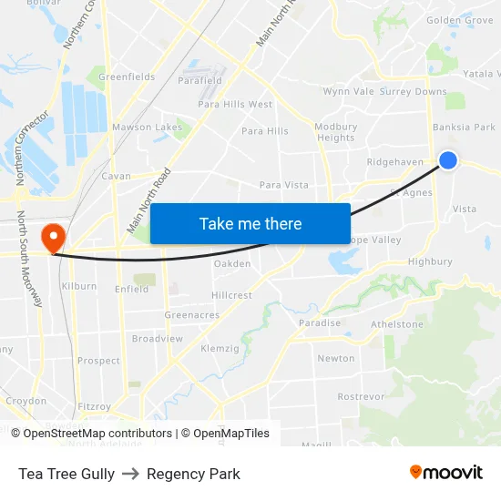 Tea Tree Gully to Regency Park map