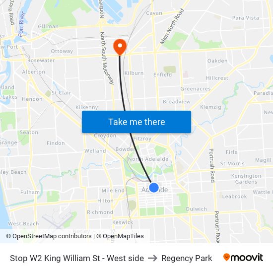 Stop W2 King William St - West side to Regency Park map