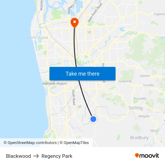 Blackwood to Regency Park map