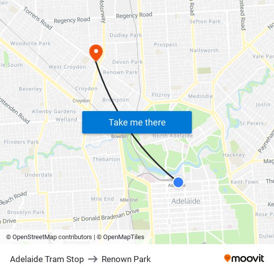 Adelaide Tram Stop to Renown Park map